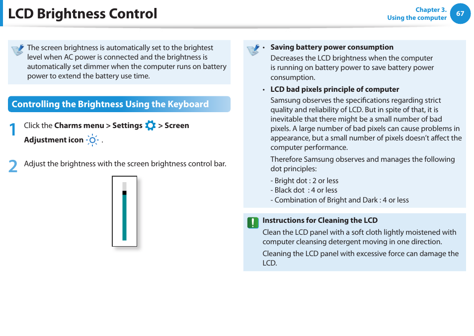 Lcd brightness control | Samsung NP540U3C-A01US User Manual | Page 68 / 145
