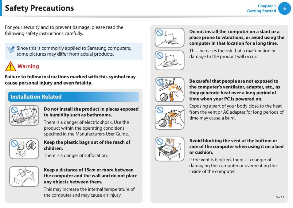 Safety precautions, Installation related, Warning | Samsung NP540U3C-A01US User Manual | Page 7 / 145