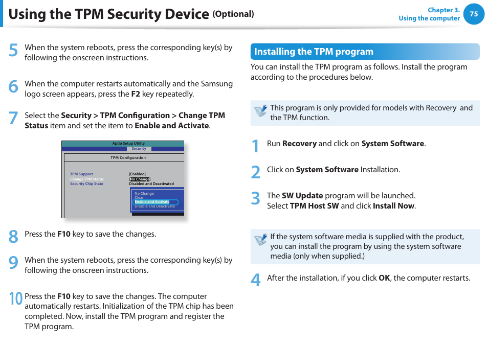 Using the tpm security device | Samsung NP540U3C-A01US User Manual | Page 76 / 145