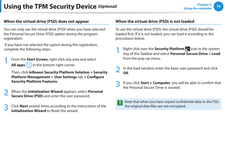 Using the tpm security device | Samsung NP540U3C-A01US User Manual | Page 80 / 145