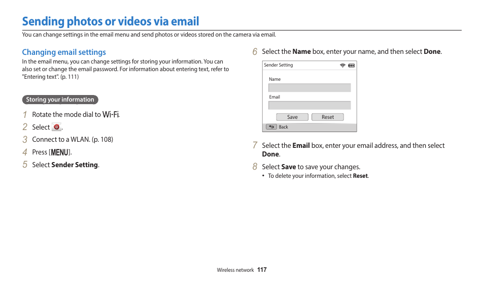 Sending photos or videos via email, Changing email settings | Samsung EC-WB2200BPBUS User Manual | Page 118 / 162