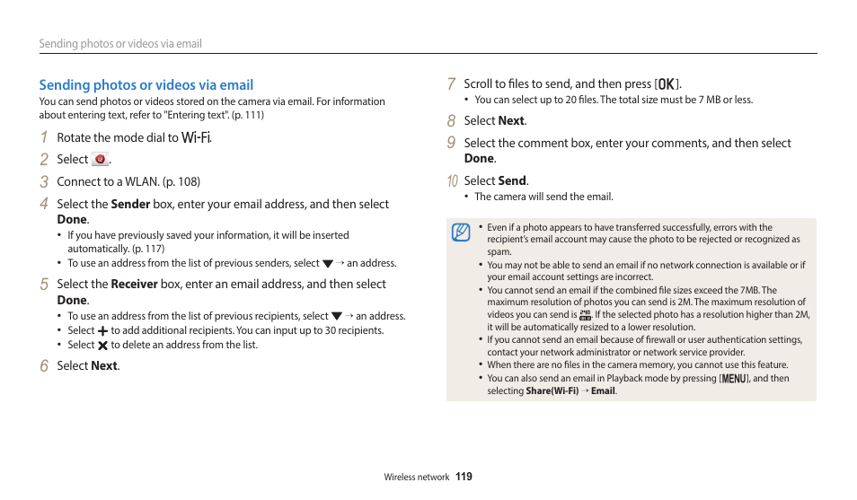 Sending photos or videos via email | Samsung EC-WB2200BPBUS User Manual | Page 120 / 162