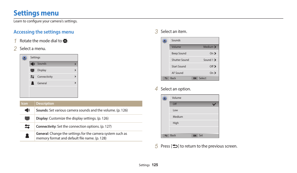 Settings menu, Accessing the settings menu | Samsung EC-WB2200BPBUS User Manual | Page 126 / 162