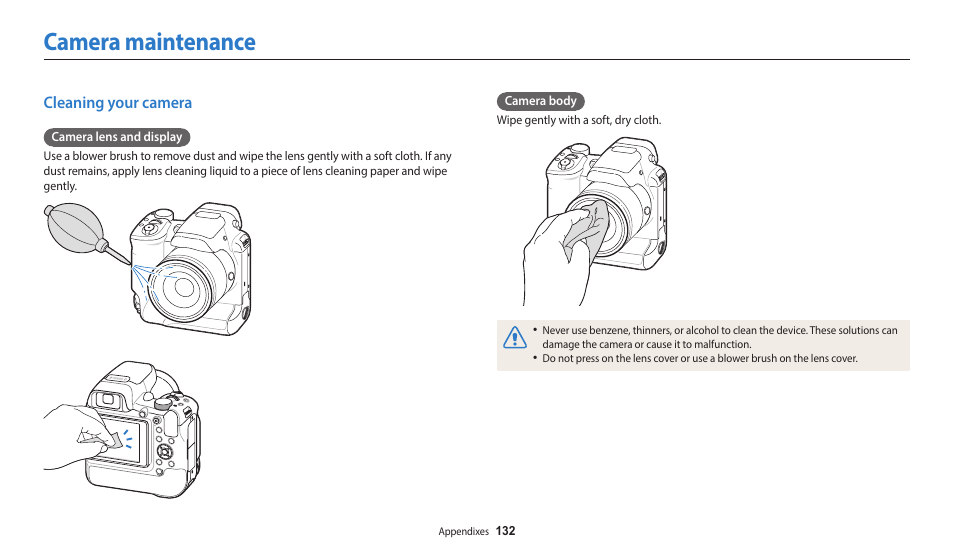 Camera maintenance, Cleaning your camera | Samsung EC-WB2200BPBUS User Manual | Page 133 / 162