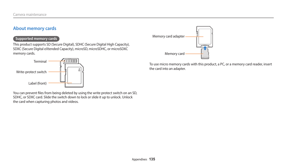 About memory cards | Samsung EC-WB2200BPBUS User Manual | Page 136 / 162