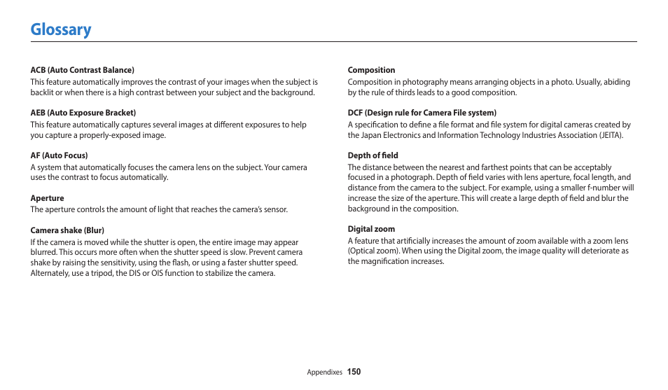 Glossary | Samsung EC-WB2200BPBUS User Manual | Page 151 / 162