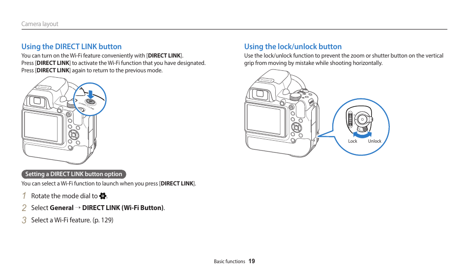 Using the direct link button, Using the lock/unlock button | Samsung EC-WB2200BPBUS User Manual | Page 20 / 162