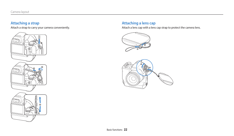 Attaching a strap, Attaching a lens cap, Attaching a strap attaching a lens cap | Samsung EC-WB2200BPBUS User Manual | Page 23 / 162