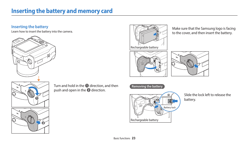 Inserting the battery and memory card, Inserting the battery | Samsung EC-WB2200BPBUS User Manual | Page 24 / 162