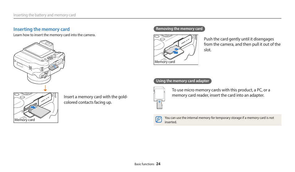 Inserting the memory card | Samsung EC-WB2200BPBUS User Manual | Page 25 / 162