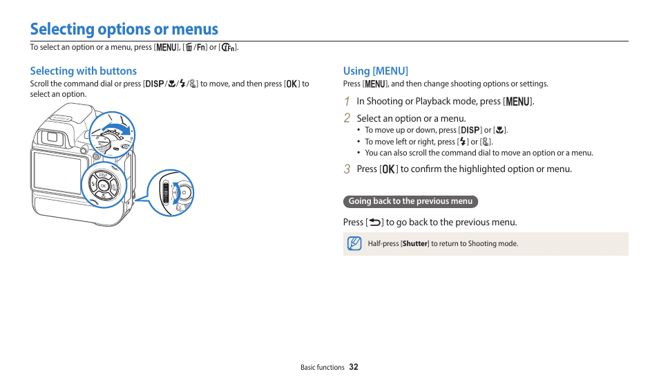 Selecting options or menus, Selecting with buttons, Using [menu | Selecting with buttons using [menu | Samsung EC-WB2200BPBUS User Manual | Page 33 / 162