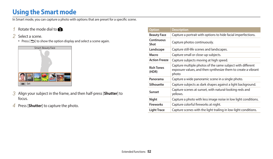 Using the smart mode | Samsung EC-WB2200BPBUS User Manual | Page 53 / 162