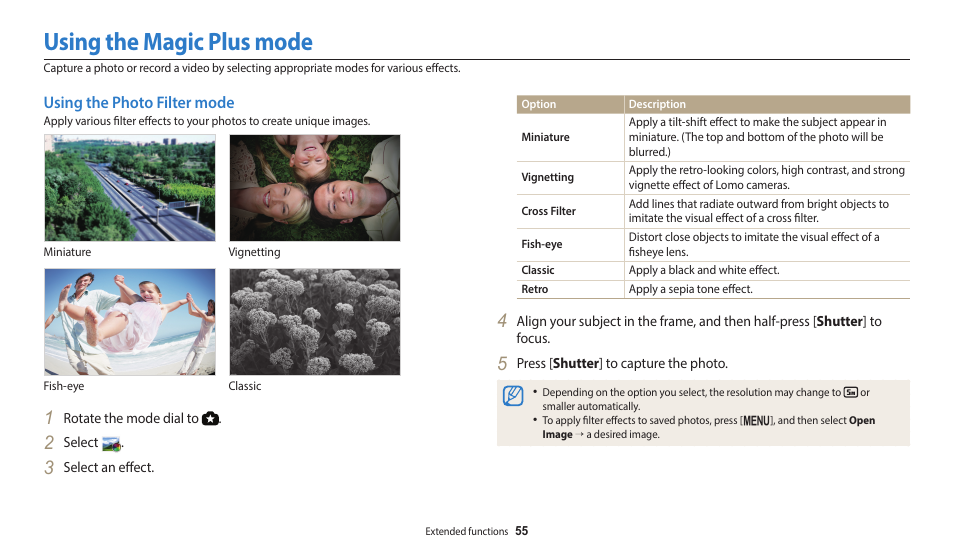 Using the magic plus mode, Using the photo filter mode | Samsung EC-WB2200BPBUS User Manual | Page 56 / 162