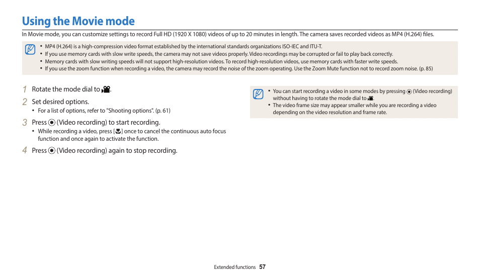 Using the movie mode | Samsung EC-WB2200BPBUS User Manual | Page 58 / 162