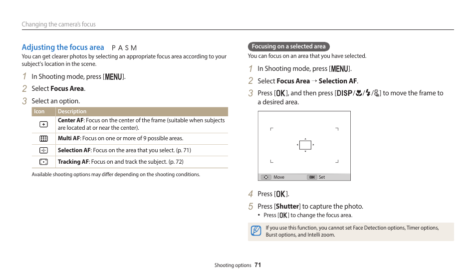 Adjusting the focus area | Samsung EC-WB2200BPBUS User Manual | Page 72 / 162