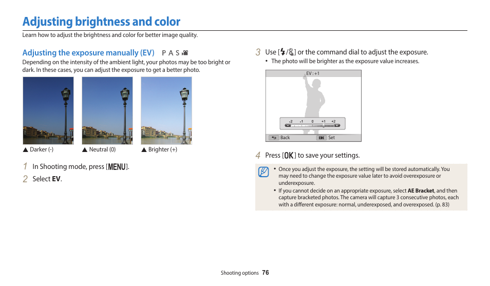 Adjusting brightness and color, Adjusting the exposure manually (ev) | Samsung EC-WB2200BPBUS User Manual | Page 77 / 162