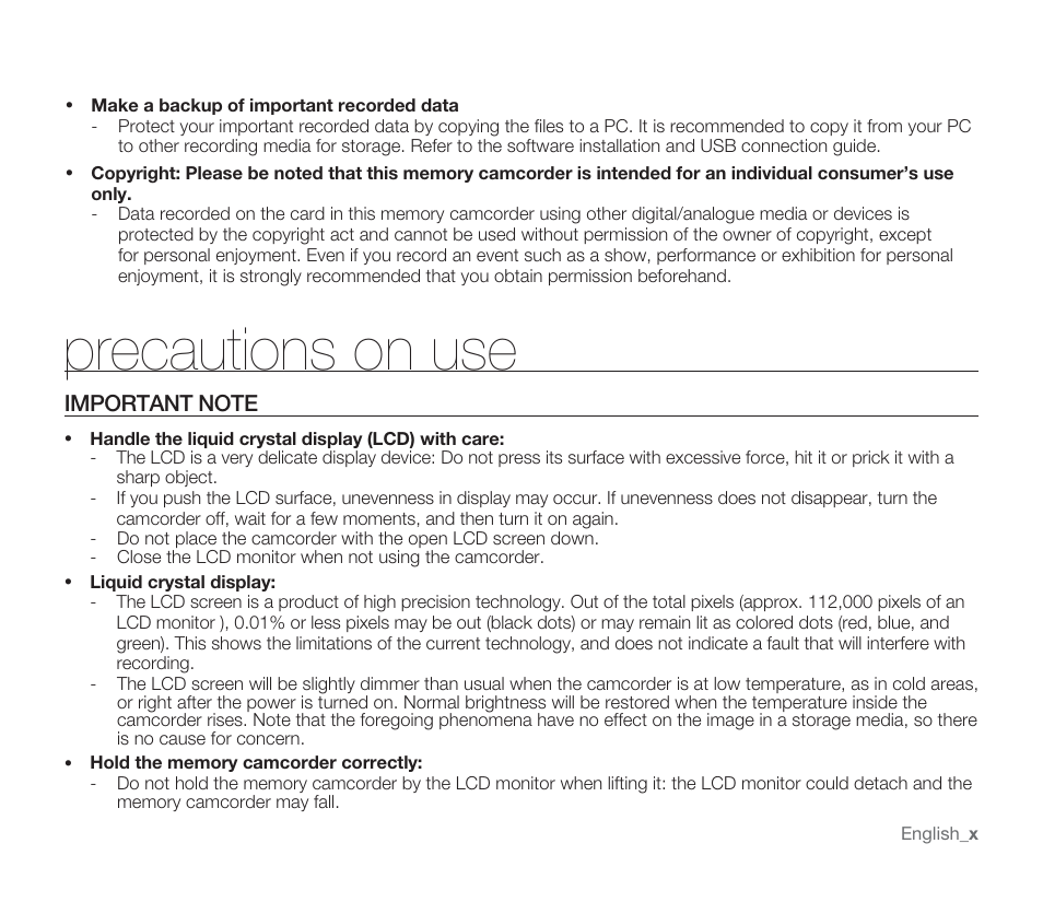 Precautions on use | Samsung SMX-F33BN-XAA User Manual | Page 10 / 131