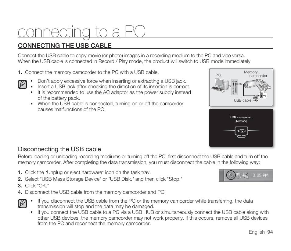 Connecting to a pc, Connecting the usb cable, Disconnecting the usb cable | Samsung SMX-F33BN-XAA User Manual | Page 104 / 131