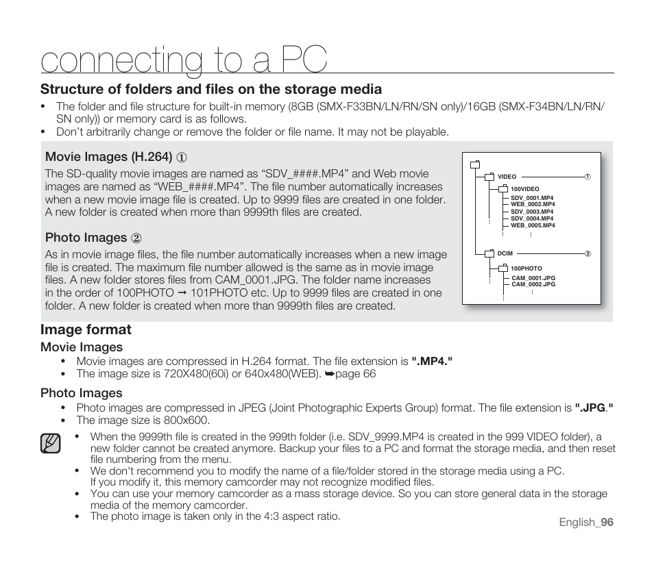 Connecting to a pc, Image format, Movie images | Photo images, Movie images (h.264) | Samsung SMX-F33BN-XAA User Manual | Page 106 / 131