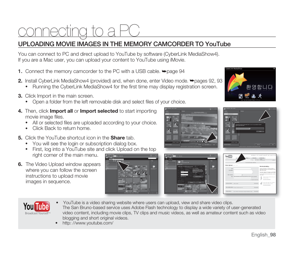 Connecting to a pc, You tube | Samsung SMX-F33BN-XAA User Manual | Page 108 / 131