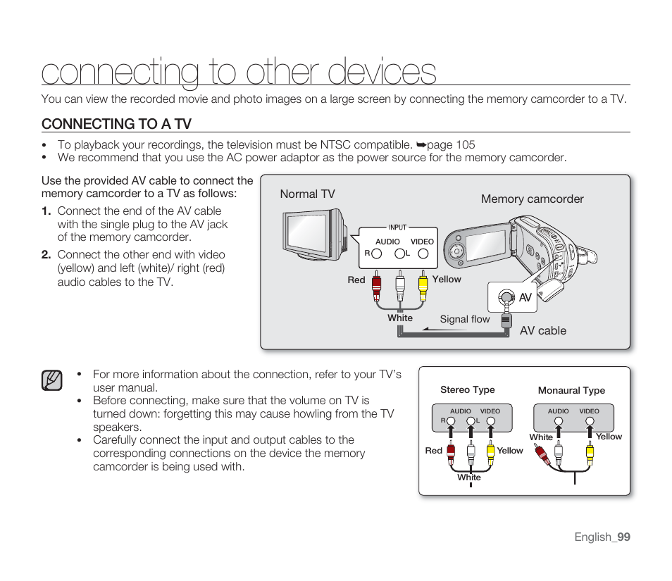 Connecting to other devices, Connecting to a tv | Samsung SMX-F33BN-XAA User Manual | Page 109 / 131