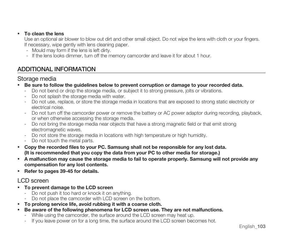 Additional information storage media, Lcd screen | Samsung SMX-F33BN-XAA User Manual | Page 113 / 131