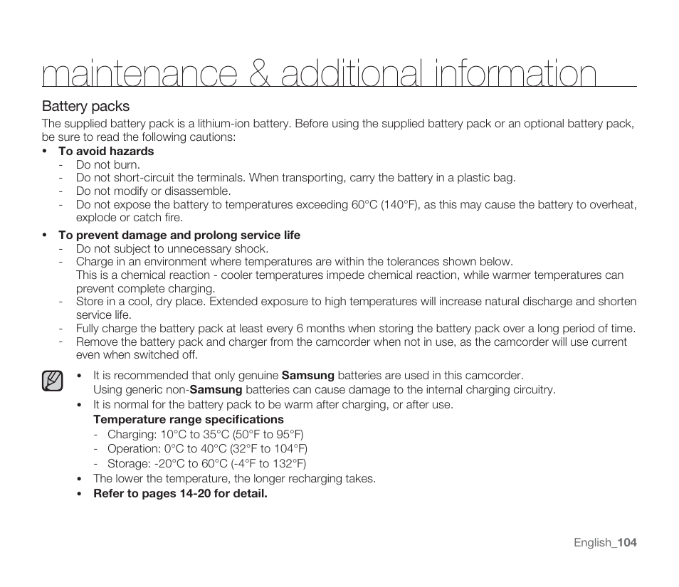 Maintenance & additional information | Samsung SMX-F33BN-XAA User Manual | Page 114 / 131