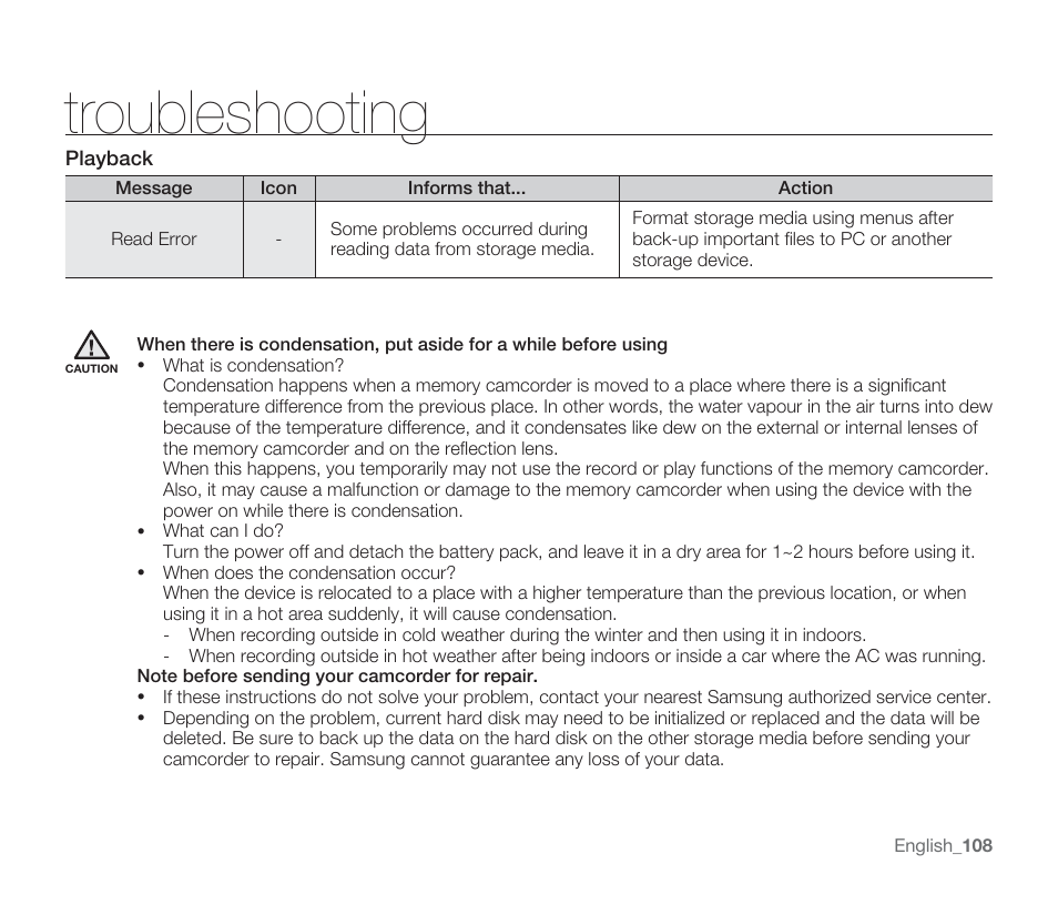 Troubleshooting | Samsung SMX-F33BN-XAA User Manual | Page 118 / 131