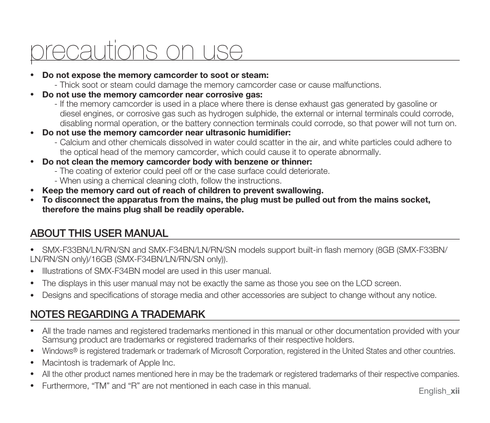 Precautions on use, About this user manual | Samsung SMX-F33BN-XAA User Manual | Page 12 / 131