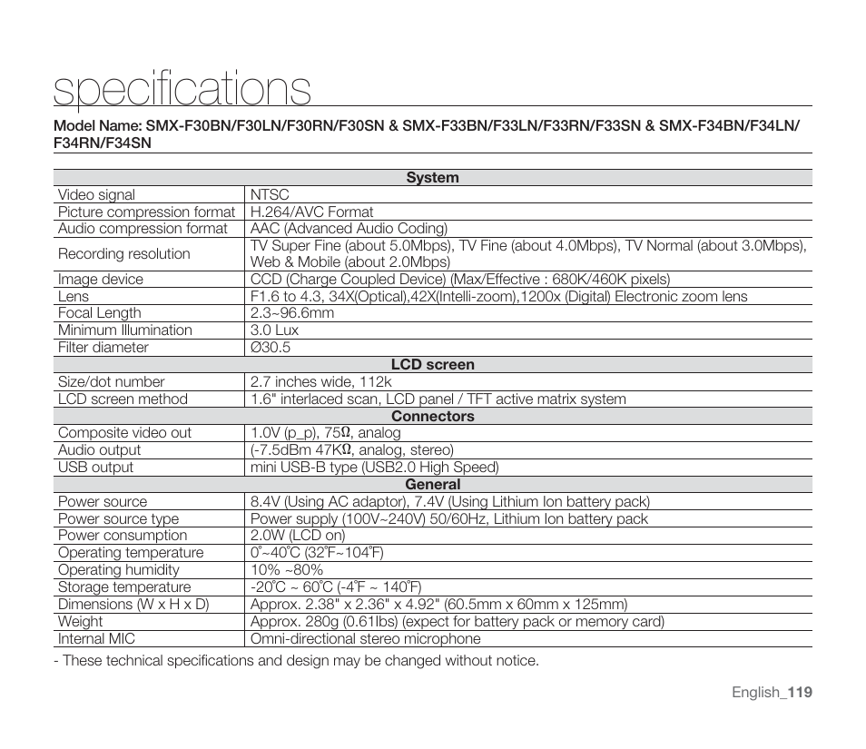 Specifi cations | Samsung SMX-F33BN-XAA User Manual | Page 129 / 131