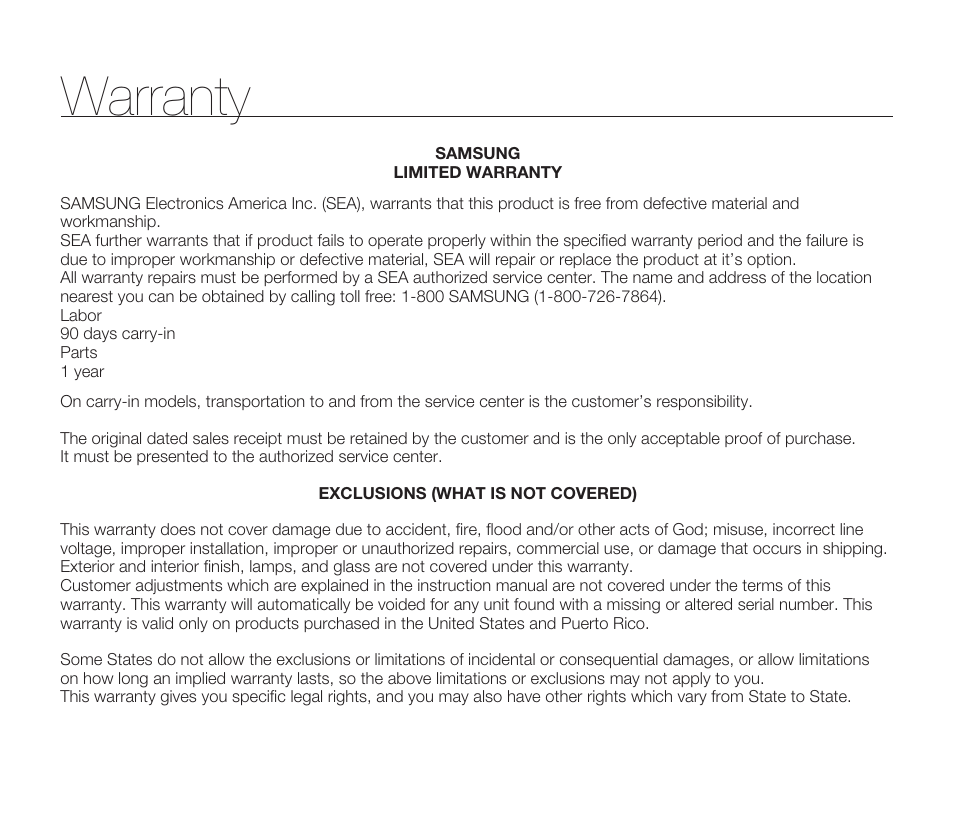 Warranty | Samsung SMX-F33BN-XAA User Manual | Page 130 / 131