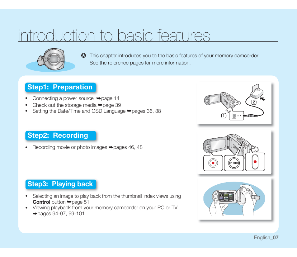 Introduction to basic features | Samsung SMX-F33BN-XAA User Manual | Page 17 / 131