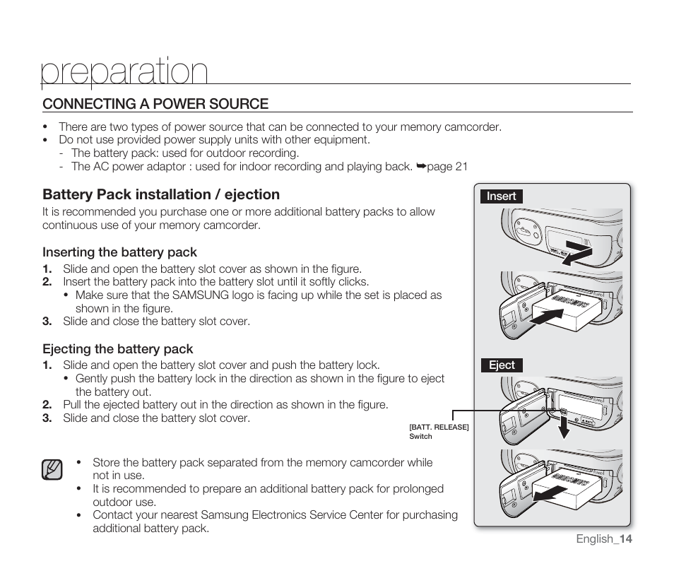 Preparation, Connecting a power source, Battery pack installation / ejection | Samsung SMX-F33BN-XAA User Manual | Page 24 / 131