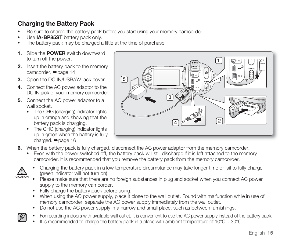 Charging the battery pack | Samsung SMX-F33BN-XAA User Manual | Page 25 / 131