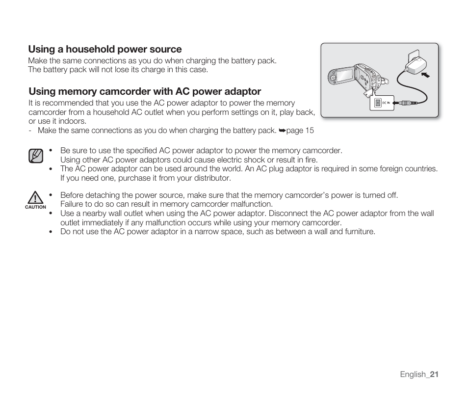 Using a household power source | Samsung SMX-F33BN-XAA User Manual | Page 31 / 131