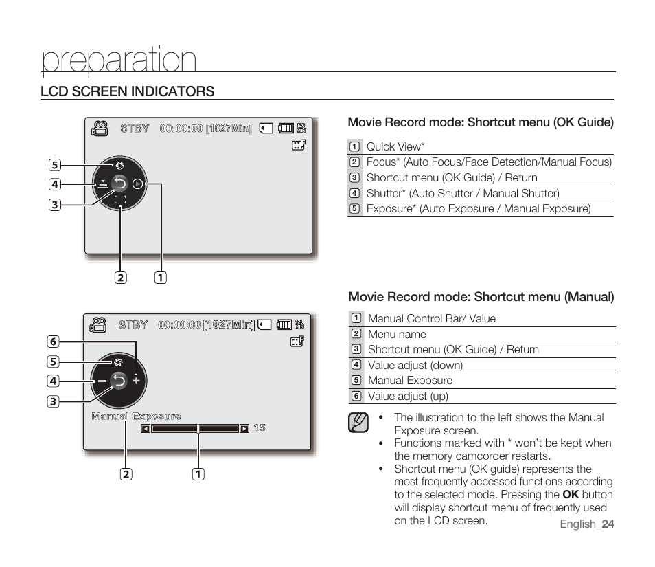 Preparation, Lcd screen indicators | Samsung SMX-F33BN-XAA User Manual | Page 34 / 131