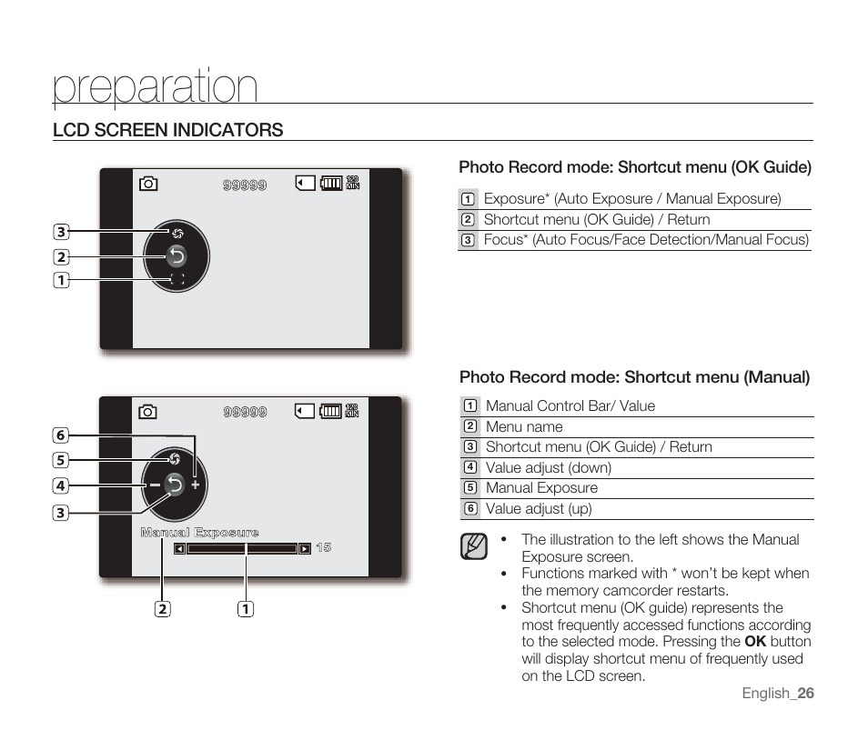 Preparation, Lcd screen indicators | Samsung SMX-F33BN-XAA User Manual | Page 36 / 131