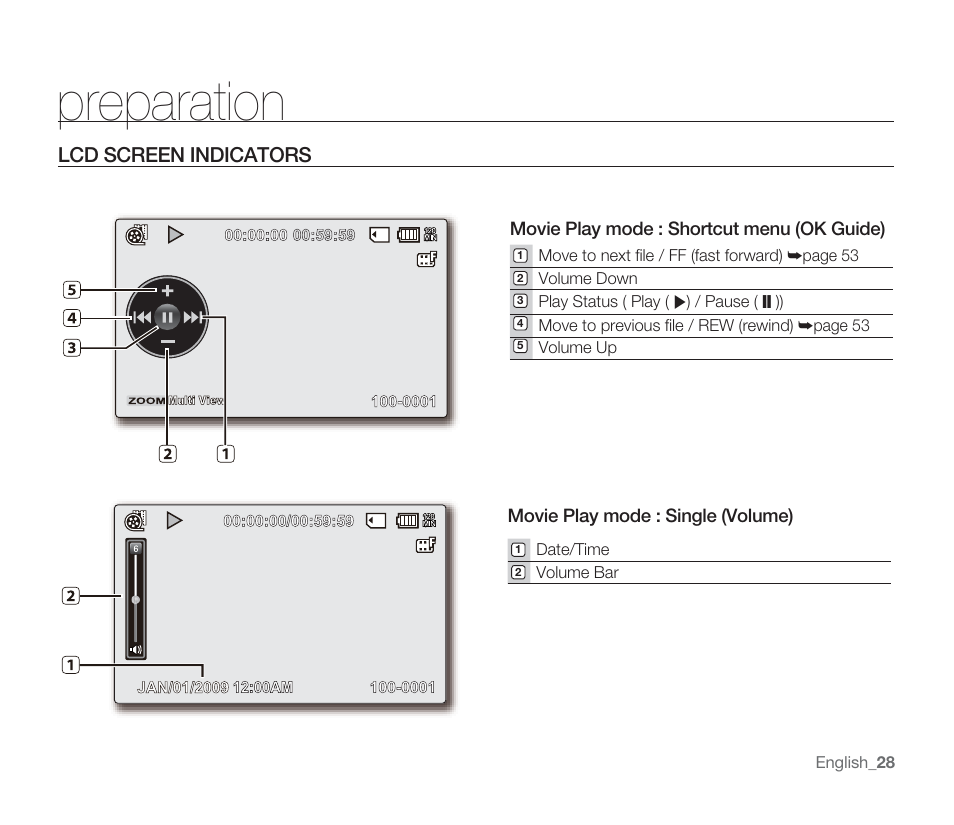 Preparation, Lcd screen indicators | Samsung SMX-F33BN-XAA User Manual | Page 38 / 131