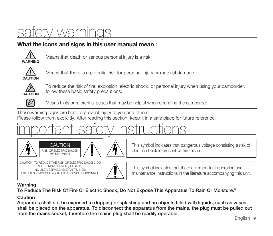 Safety warnings, Important safety instructions | Samsung SMX-F33BN-XAA User Manual | Page 4 / 131