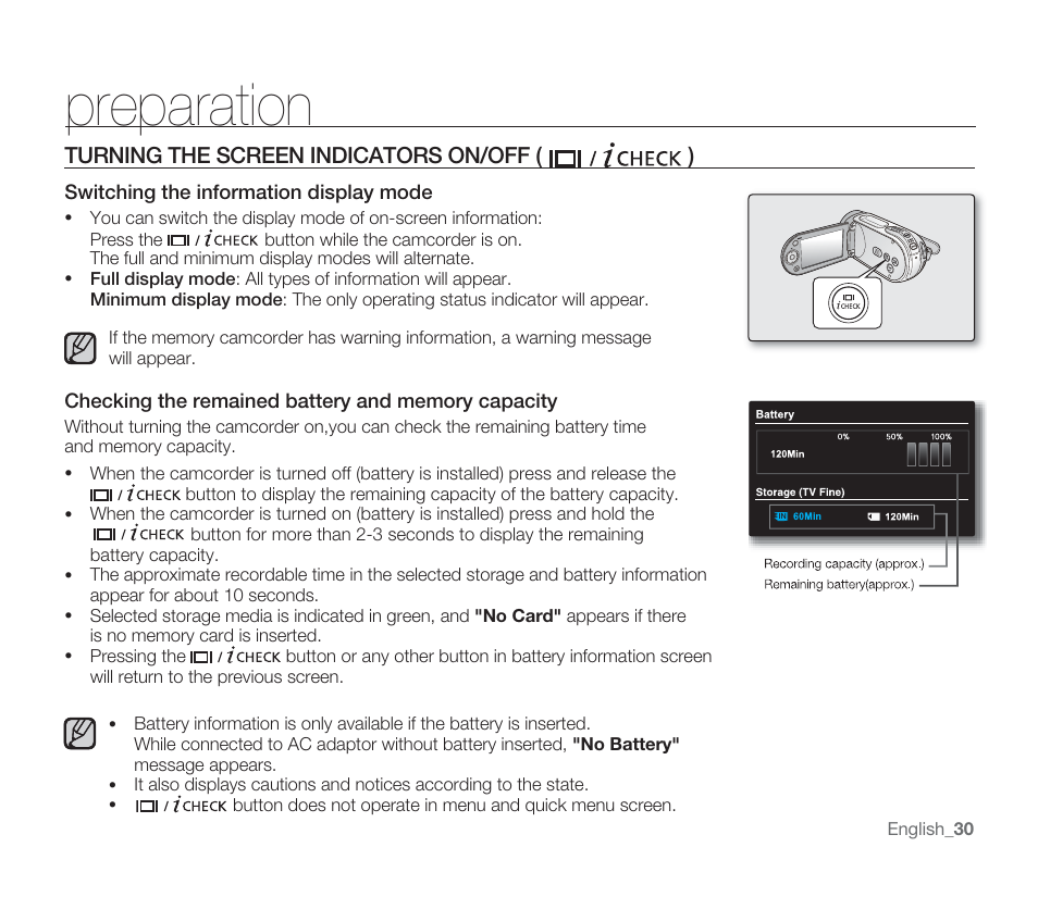 Preparation, Turning the screen indicators on/off | Samsung SMX-F33BN-XAA User Manual | Page 40 / 131