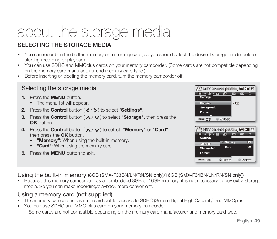 About the storage media | Samsung SMX-F33BN-XAA User Manual | Page 49 / 131