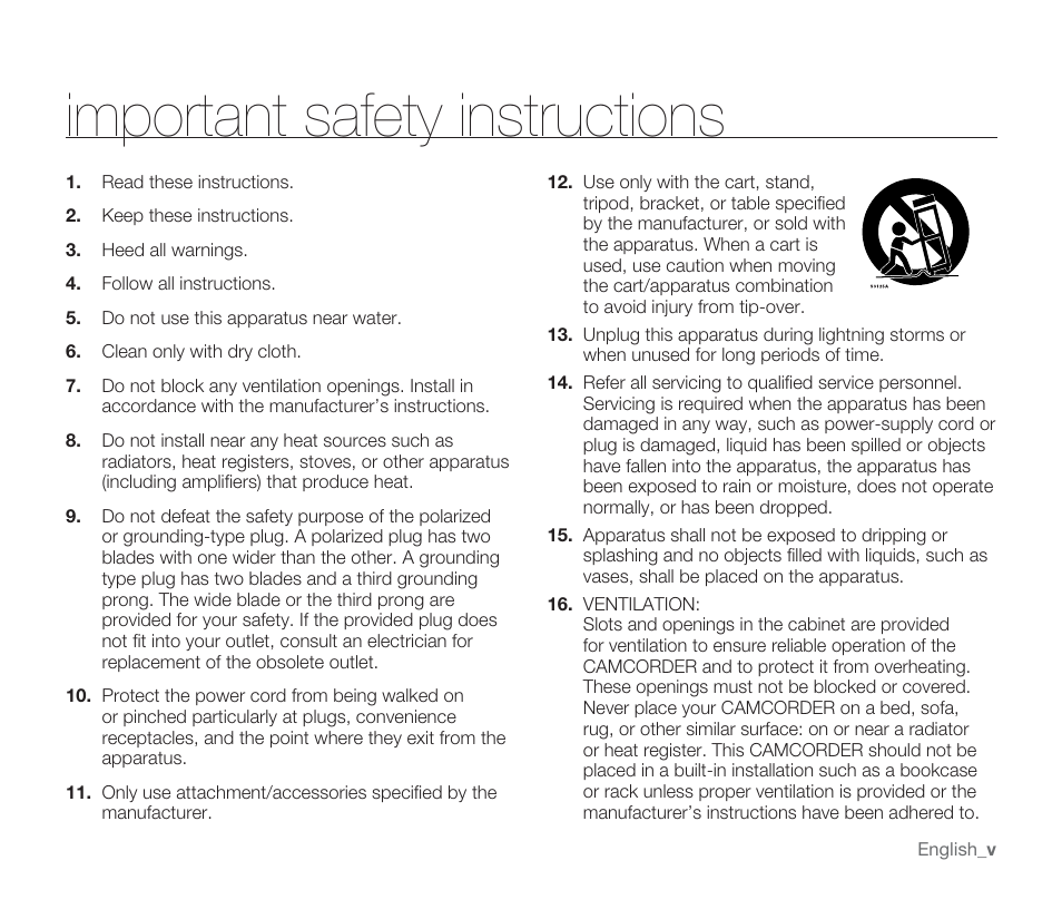 Important safety instructions | Samsung SMX-F33BN-XAA User Manual | Page 5 / 131