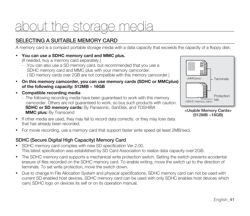 About the storage media | Samsung SMX-F33BN-XAA User Manual | Page 51 / 131