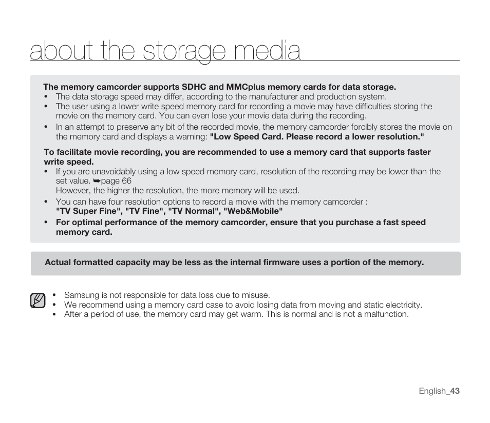 About the storage media | Samsung SMX-F33BN-XAA User Manual | Page 53 / 131