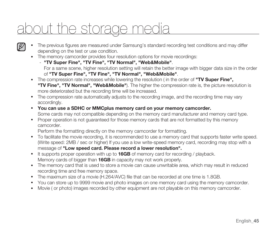 About the storage media | Samsung SMX-F33BN-XAA User Manual | Page 55 / 131