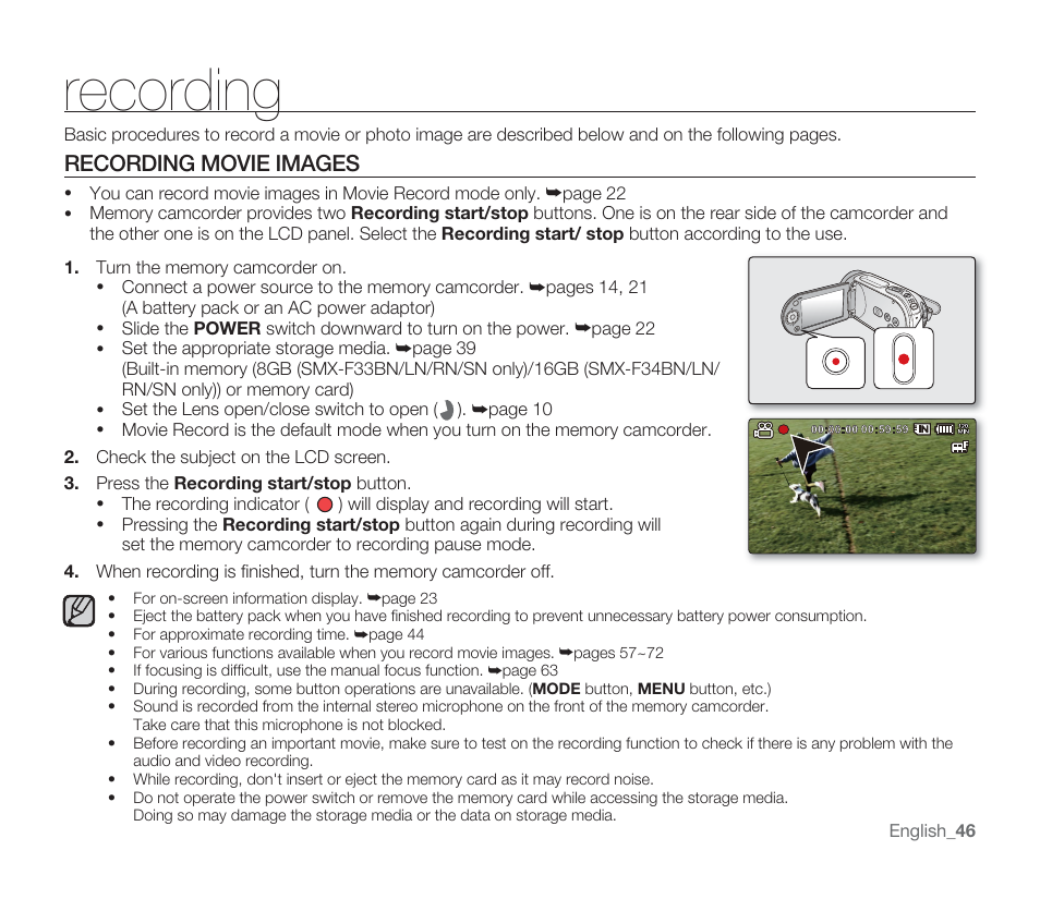 Recording, Recording movie images | Samsung SMX-F33BN-XAA User Manual | Page 56 / 131