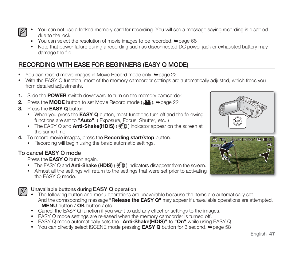 Recording with ease for beginners (easy q mode) | Samsung SMX-F33BN-XAA User Manual | Page 57 / 131