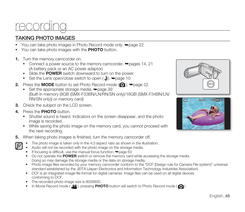 Recording, Taking photo images | Samsung SMX-F33BN-XAA User Manual | Page 58 / 131