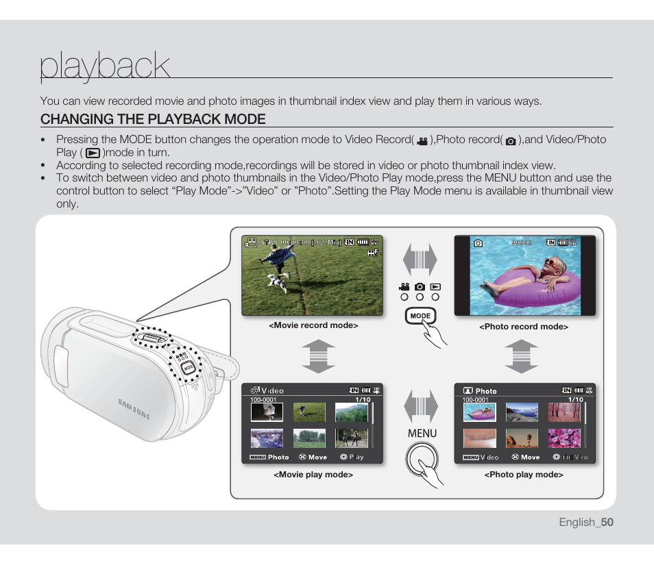 Playback, Changing the playback mode | Samsung SMX-F33BN-XAA User Manual | Page 60 / 131