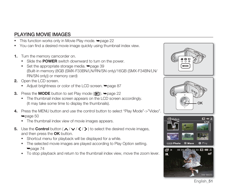 Playing movie images | Samsung SMX-F33BN-XAA User Manual | Page 61 / 131